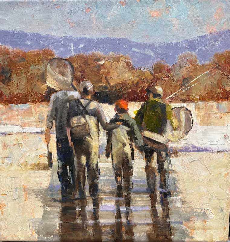 Four people in fishing gear walk side by side toward a river, carrying nets and fishing rods. Autumn trees and distant mountains are in the background. The scene is painted in a warm, impressionistic style.