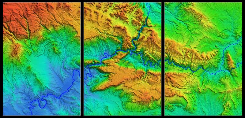 Colorful topographic map split into three panels, showing elevation changes with blue rivers, green valleys, and orange-brown higher terrain, illustrating the varied landscape of a canyon or mountainous region.