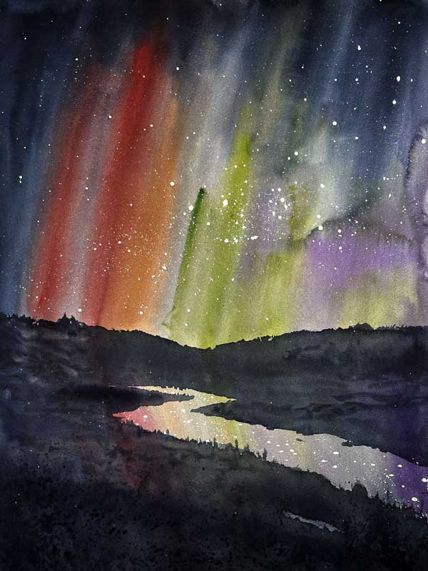 A watercolor painting of a night sky with colorful aurora lights in red, green, and purple over a dark landscape, reflected in a winding river below, dotted with bright stars.