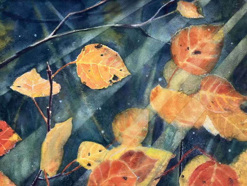 Watercolor painting of autumn leaves in shades of yellow and orange on thin branches, set against a dark, textured background with light streaks and subtle white specks.