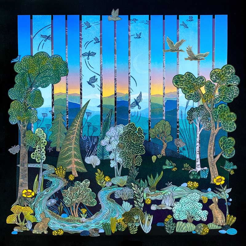 Colorful illustration of a forest at sunset with tall trees, green plants, yellow flowers, and a winding stream. Birds are flying above against a gradient sky with mountains in the background.