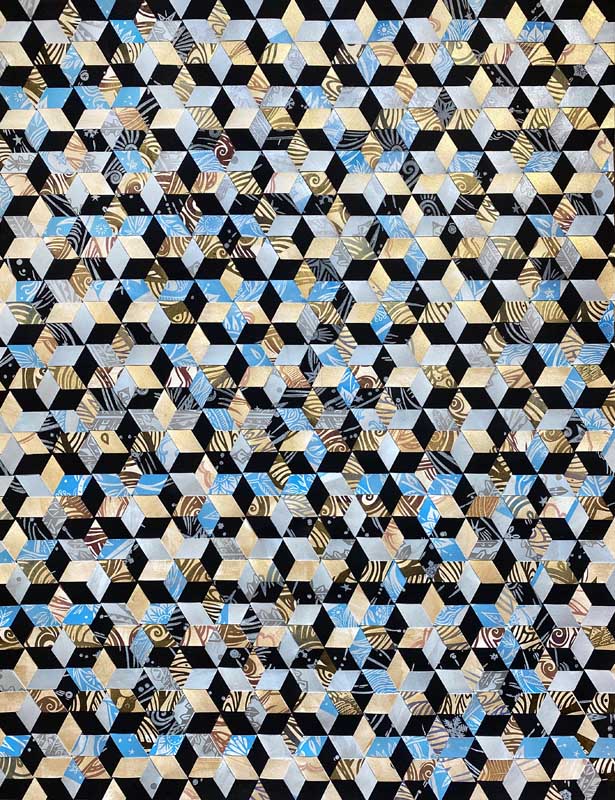 A geometric pattern of hexagons and cubes, filled with a mix of black, white, gold, blue, and patterned designs, creating an optical illusion effect across the surface.