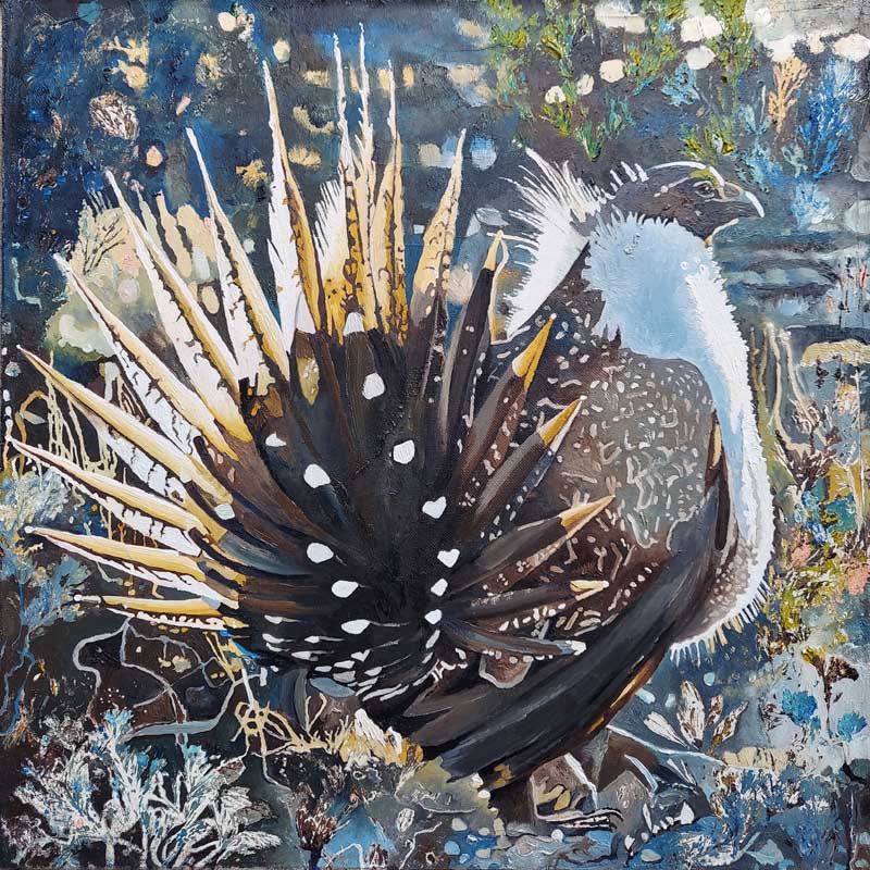 A painting of a sage grouse displaying its spiky tail feathers and white ruff in a detailed, colorful natural habitat with grasses, flowers, and abstract background elements.