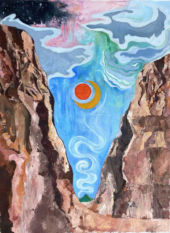 A surreal painting shows a deep canyon with rocky walls, swirling clouds in a blue sky, a crescent moon and red sun overlapping, and a small green tree at the canyon’s base. Stars and pink clouds appear above.