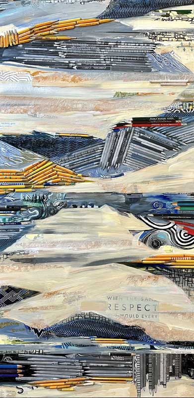 Abstract mixed-media artwork featuring layered strips of paper, painted brushstrokes, and fragments of text arranged to create patterns resembling landscapes with mountains, sky, and clouds in soft blues, grays, yellows, and neutrals.