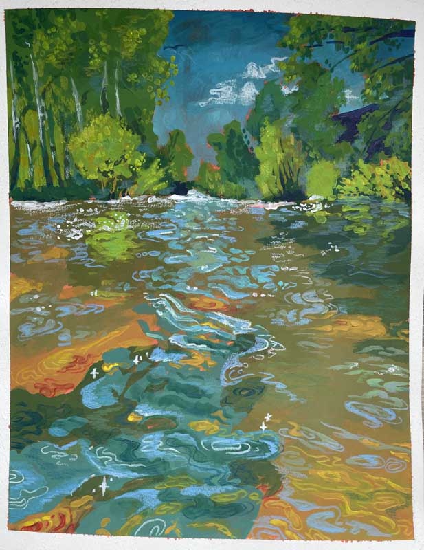 A vibrant painting of a river with clear, swirling water reflecting blues, greens, and golds, surrounded by lush green trees under a blue sky with scattered clouds.