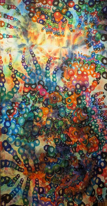 Abstract artwork featuring swirling, colorful clusters of overlapping circles and organic shapes in vibrant shades of orange, blue, green, and red against a textured, multicolored background. The composition appears dynamic and energetic.