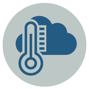 A blue icon of a thermometer in front of a cloud, inside a gray circle, representing weather or temperature.