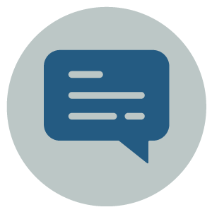 A blue chat bubble with three horizontal lines inside, representing text, is centered on a light gray circular background.
