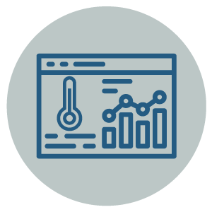 Blue line drawing of a web page displaying a thermometer icon and a bar and line graph, set against a light grey circular background.