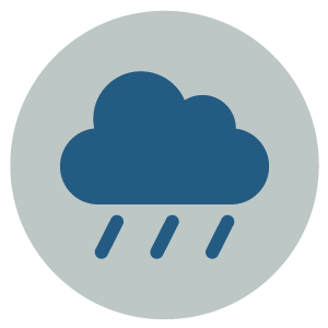 A blue cloud with three diagonal lines beneath it, representing rain, on a light gray circular background.