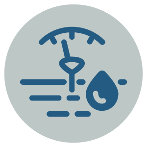 Blue icon showing a water droplet and a gauge or meter with lines indicating movement, all on a light gray circular background, symbolizing water measurement or monitoring.