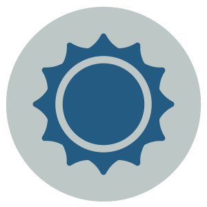 A blue sun-like shape with pointed rays and a circular center, set against a light gray background within a circle.