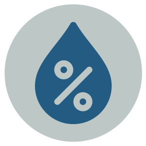 A blue water droplet icon with a percentage symbol inside, set against a light gray circular background.