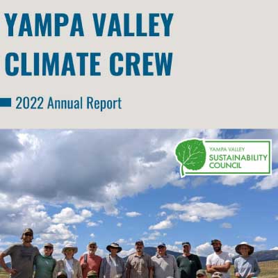 A group of people in hats stand outdoors under a blue sky with clouds. Text reads "Yampa Valley Climate Crew 2022 Annual Report" and includes the Yampa Valley Sustainability Council logo.