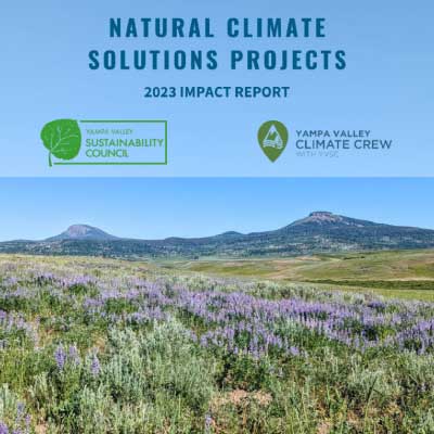 Wildflowers bloom in a grassy field with mountains in the distance. The image promotes the "Natural Climate Solutions Projects 2023 Impact Report" by the Yampa Valley Sustainability Council and Yampa Valley Climate Crew.