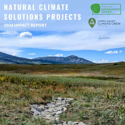 A grassy valley with a small rock formation in the foreground and mountains in the background. Text reads: "Natural Climate Solutions Projects - 2024 Impact Report." Sustainability council and climate crew logos are shown.