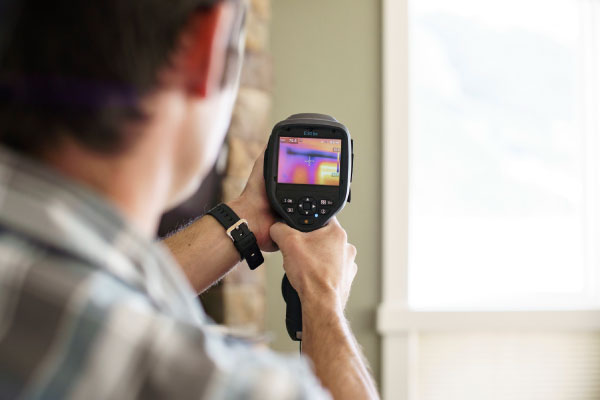 A person holding and using a handheld thermal imaging camera, pointing it at a window inside a room. The camera screen shows a colorful thermal image.