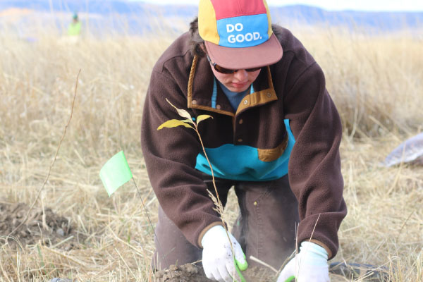 A person wearing a colorful "DO GOOD." hat and gloves kneels in a grassy field, planting a small tree next to a green flag marker on a cool, overcast day.