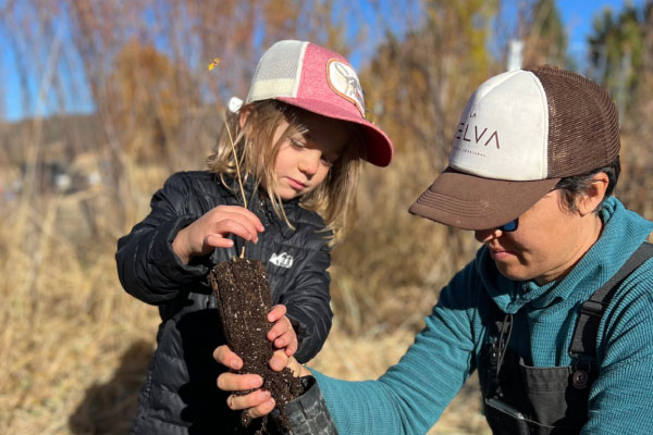 A young child and an adult wearing hats work together outdoors, preparing to plant a small seedling in a sunlit, grassy area.