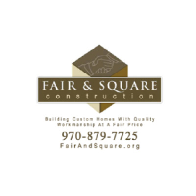 Western-Resilience-Center-sponsor-fair-and-square-construction Logo for Fair & Square Construction featuring a brown hexagon with a handshake graphic, company name, phone number (970-879-7725), website (FairAndSquare.org), and a slogan about quality custom homes.