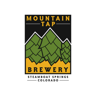 Western-Resilience-Center-sponsor-mountain-tap Logo for Mountain Tap Brewery featuring stylized green hops forming mountain peaks on a yellow and black background. Text reads “Mountain Tap Brewery, Steamboat Springs, Colorado.”.