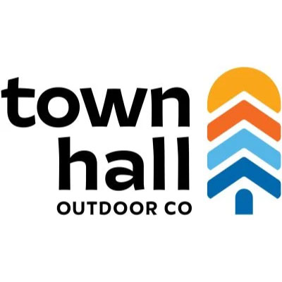 Western-Resilience-Center-sponsor-town-hall Logo for Town Hall Outdoor Co featuring the words "town hall outdoor co" beside a vertical design of stacked chevrons in orange, light orange, light blue, and blue, resembling a stylized tree or mountain.