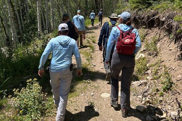 A group of people wearing hats and light blue shirts hike along a dirt trail through a sunlit forest with tall trees and green undergrowth.