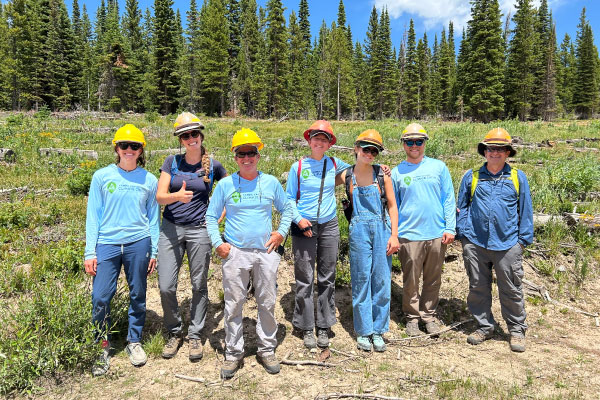 Seven people wearing safety helmets and light blue shirts stand outdoors in a forested area, smiling at the camera. The group is surrounded by trees, grass, and logs under a blue sky with some clouds.