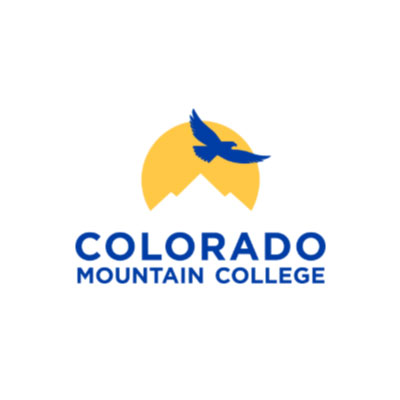 Logo of Colorado Mountain College featuring a yellow sun rising behind mountain peaks and a blue bird in flight above the mountains, with the college name in bold blue letters below.