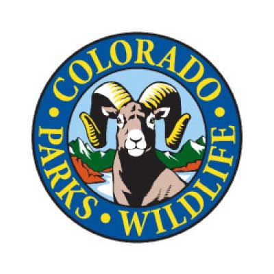 Circular logo for Colorado Parks and Wildlife featuring a bighorn sheep in front of mountains, with blue sky and the words "Colorado Parks Wildlife" around the edge.
