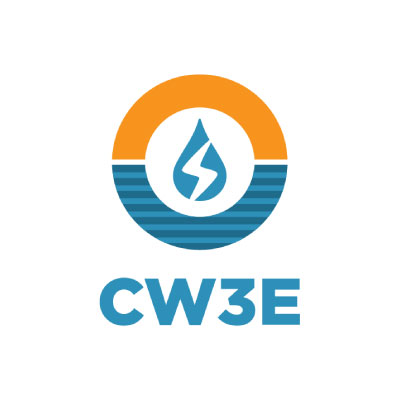 Logo with a stylized orange and blue circle featuring a water droplet and a white lightning bolt inside. Below the circle, bold blue text reads "CW3E.