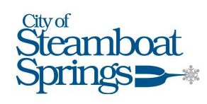 Logo for the City of Steamboat Springs, featuring blue text and a stylized blue steamboat paddle with a snowflake at the end.