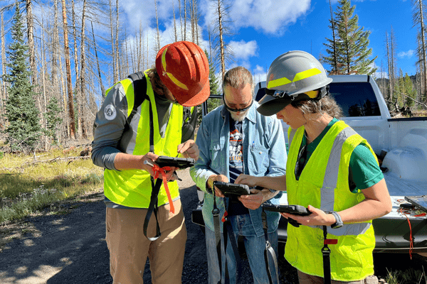 Three people stand wearing yellow vests and looking at a tablet while standing outdoors.