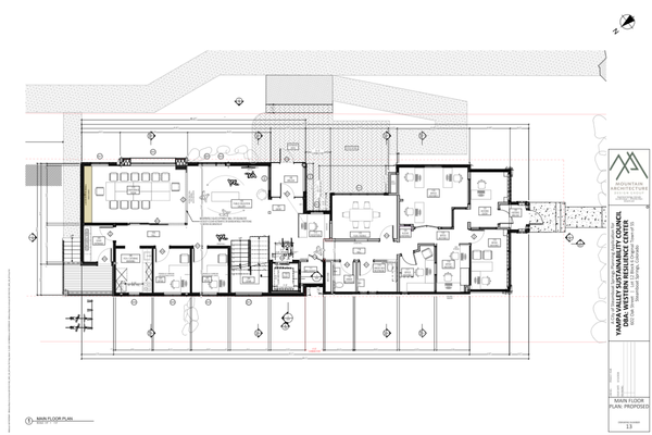 Building plan main floor A screenshot of building plans depicts the planned main floor of the Western Resilience Center building.